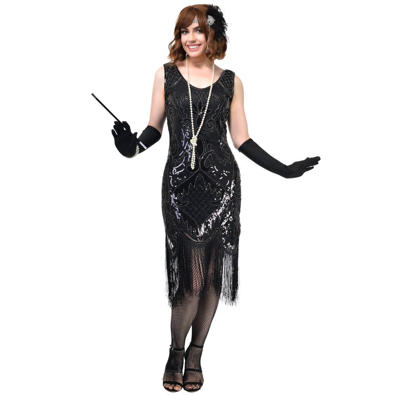 1920s Black Gatsby Dress Costume with Sequins and Beads Large
