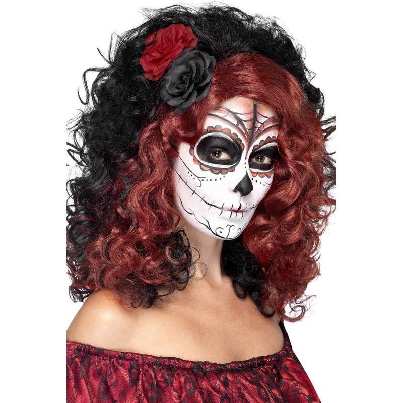 Day of the Dead Black and Red Wig with Roses