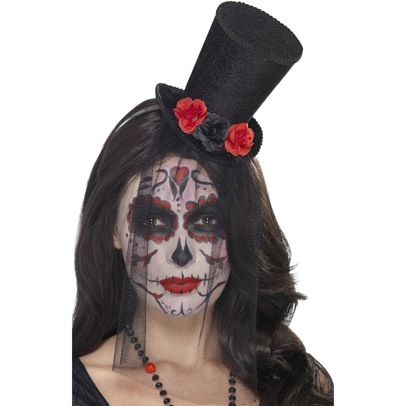 Day of the Dead Mini Black Top Hat with Veil