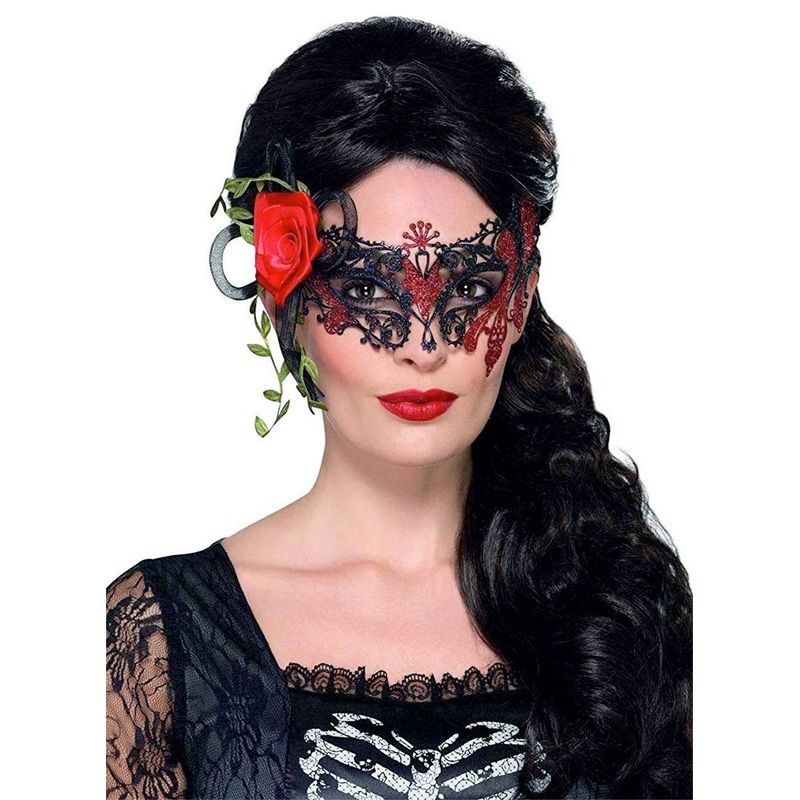 Filigree Masquerade Day of the Dead Black Mask with Roses