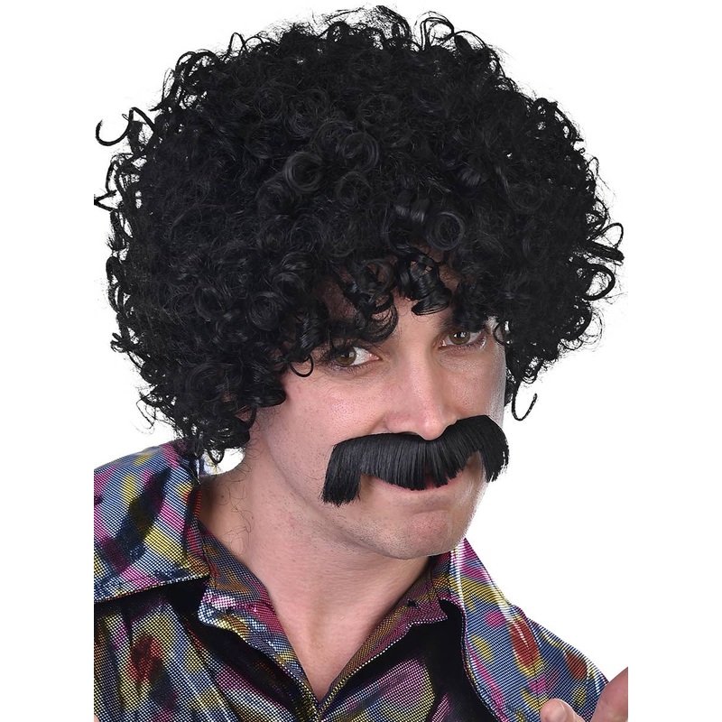 1970s Mens Black Afro Costume Wig and Moustache