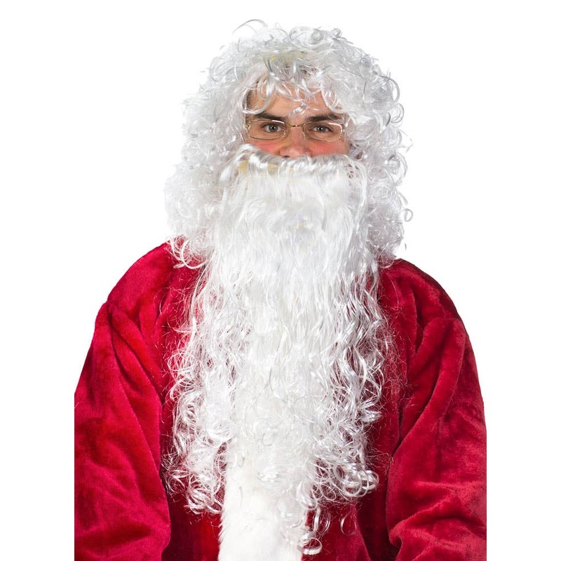 Classic Mens Curly White Santa Beard and Wig Set