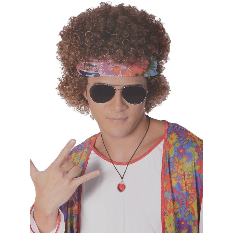 Curly Brown 1970s Mens Afro Wig with Headband