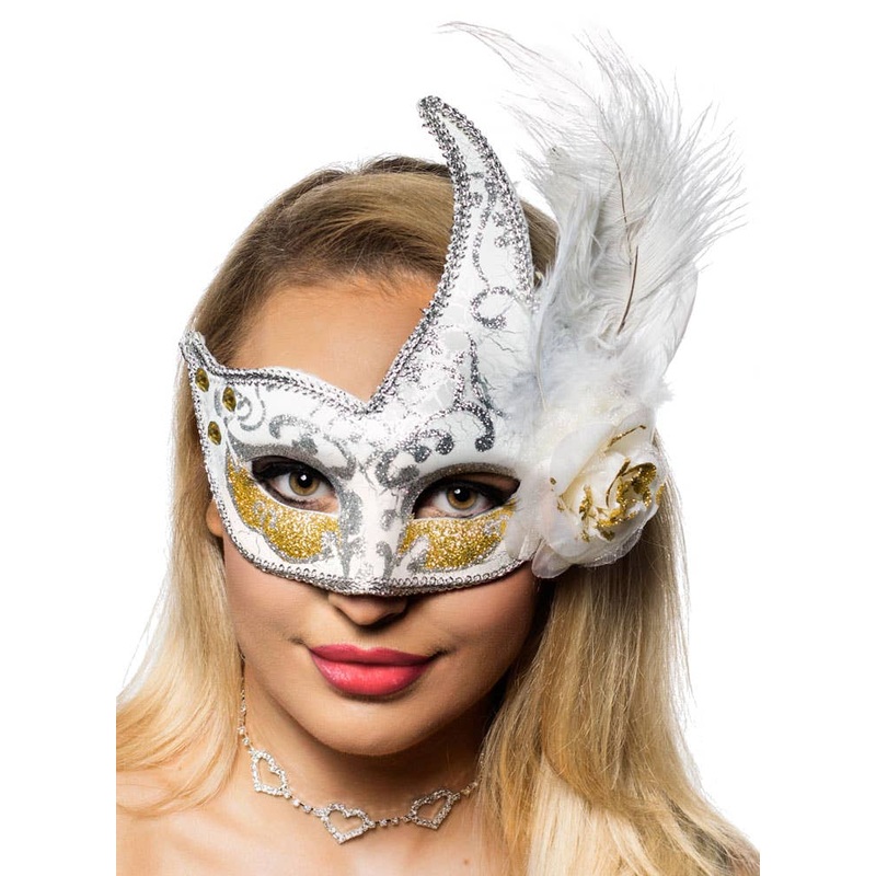 Crackle Paint Luxury White Feather Masquerade Mask