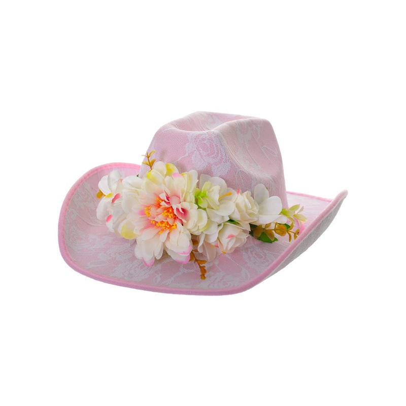 Light Pink Lace Overlay Cowgirl Hat with Flowers
