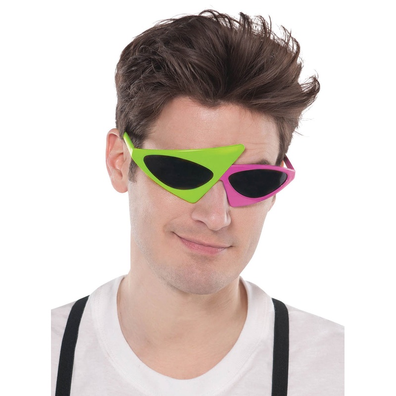 Asymmetrical Colour Blocked Pink and Green 1980s Sunglasses