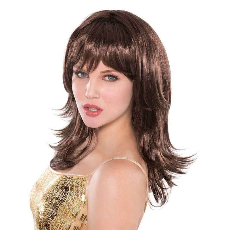 Retro 1970s Womens Brown Feathered Disco Wig with Fringe