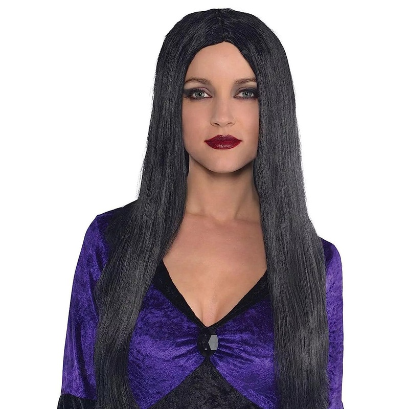 Sleek Long Black Womens Halloween Witch Costume Wig