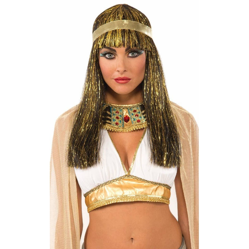 Cleopatra Gold Tinsel Black Costume Wig with Ribbon Headband