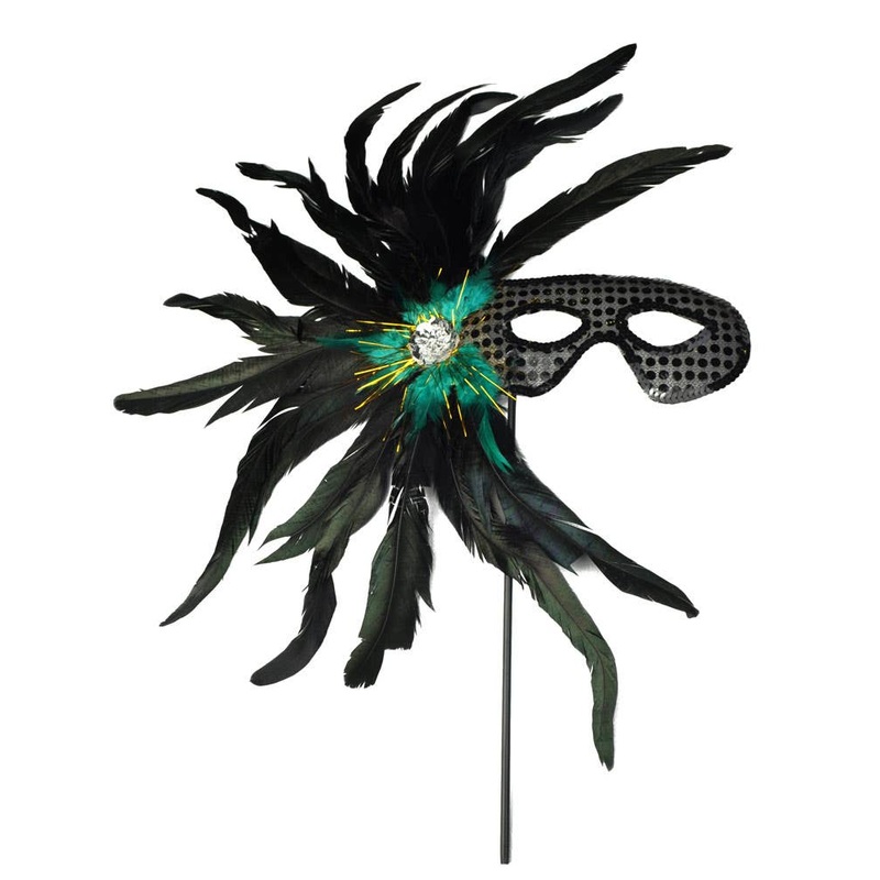 Carnival Flat Feather Black Stick Masquerade Mask