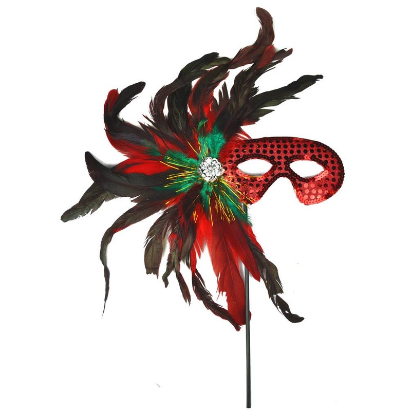 Carnival Flat Feather Red Stick Masquerade Mask