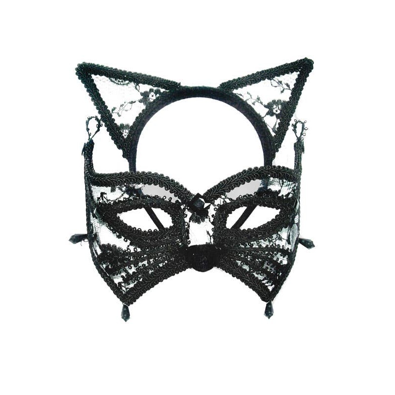 Cat Masquerade Mask in Black Lace on Headband