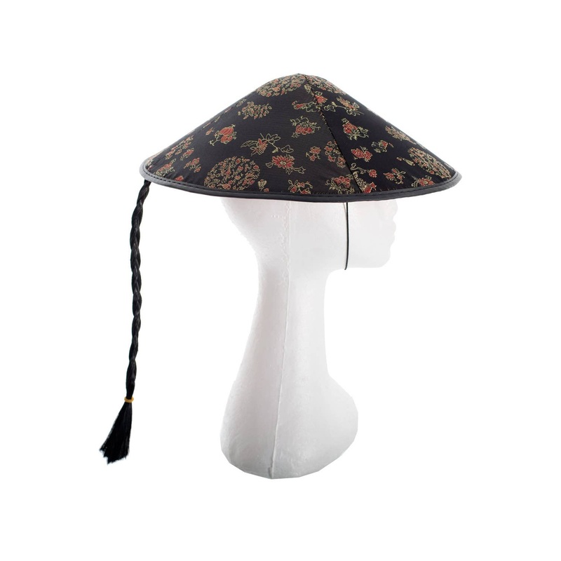 Chinese Black Satin Brocade Hat with Plait