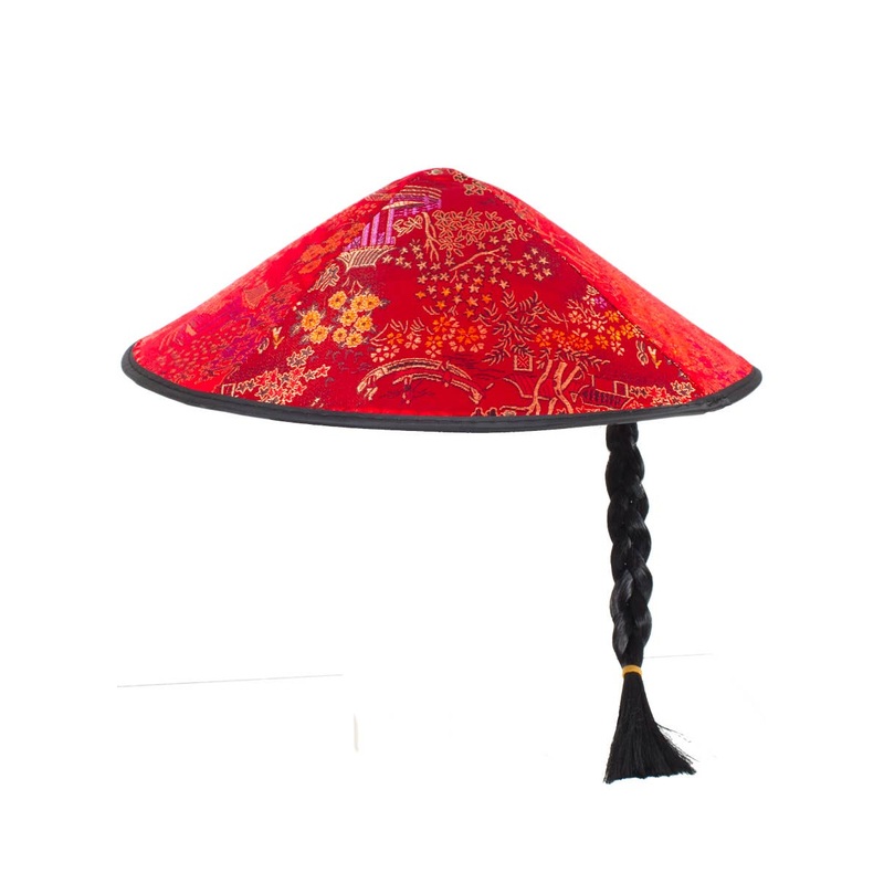 Chinese Red Satin Brocade Hat with Plait