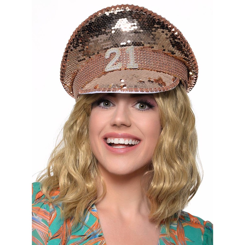 Deluxe Rose Gold Sequin 21st Birthday Peaked Cap Costume Hat