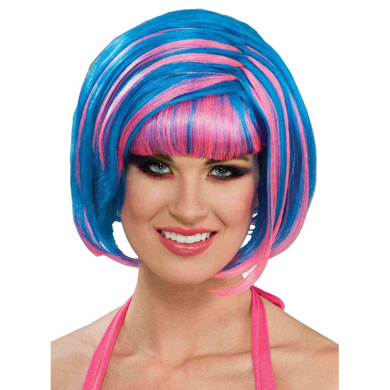 Streaked 1980s Candy Blue and Pink Womens Wig
