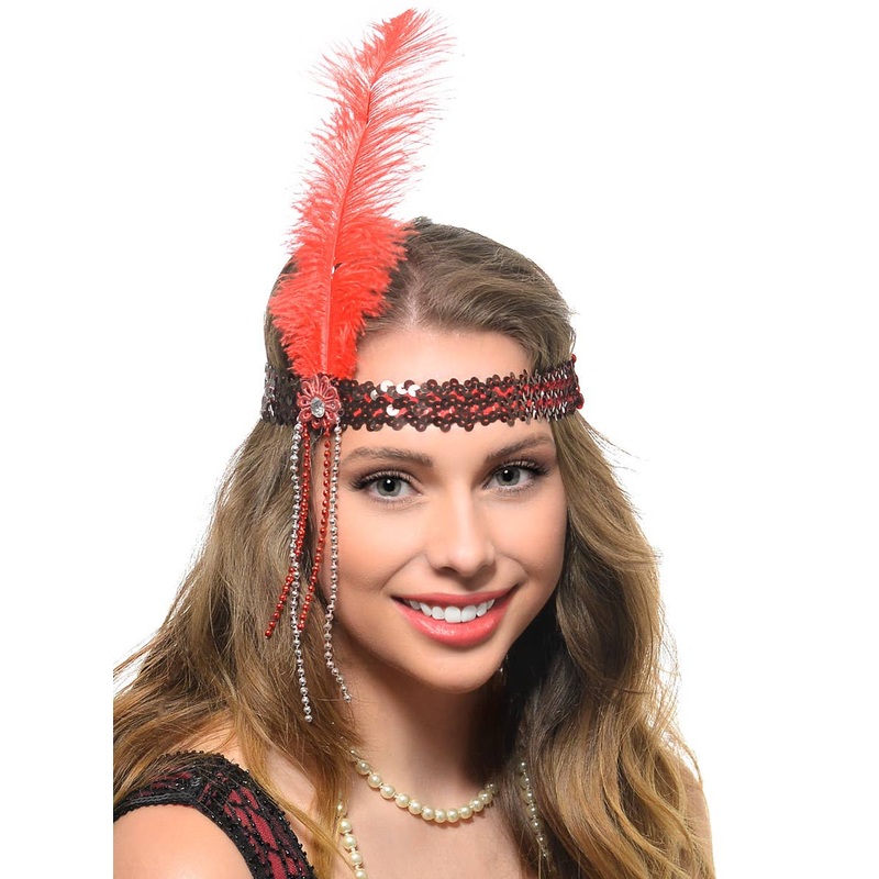 1920s Bright Red Feather Flapper Headband with Beads