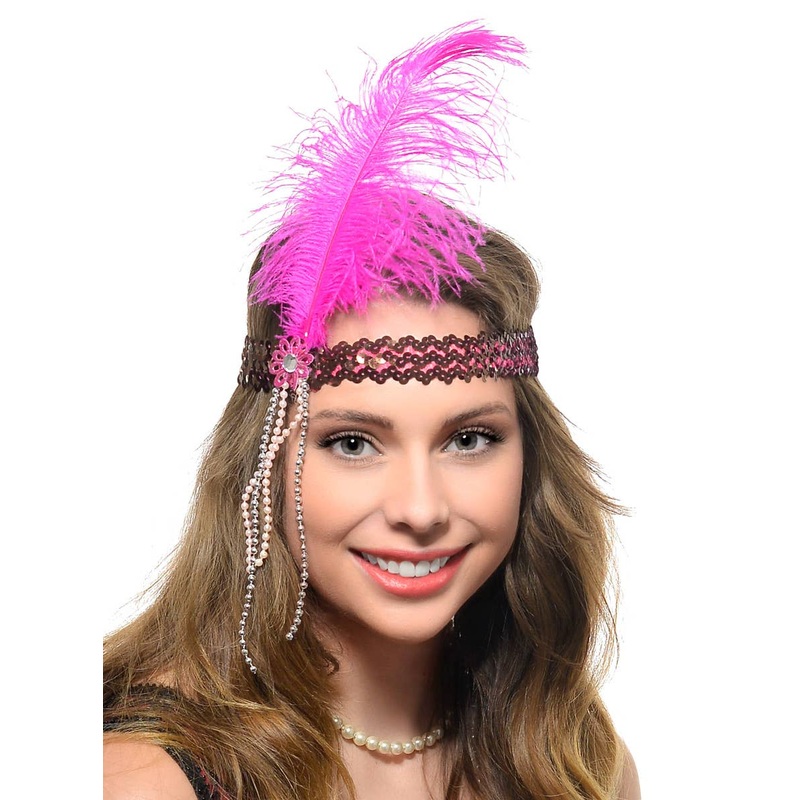 1920s Hot Pink Feather Flapper Headband with Beads