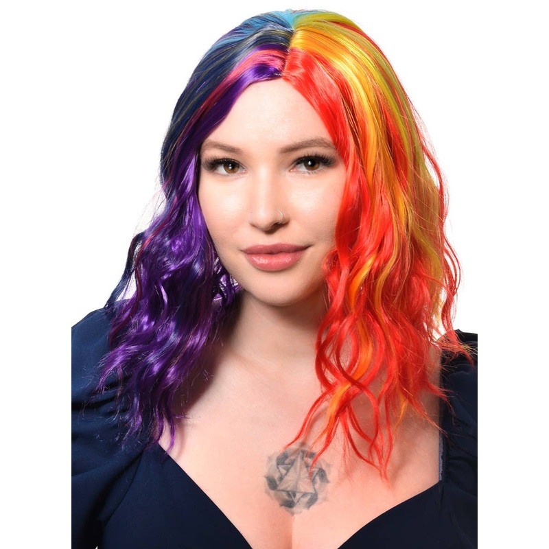 Bright Rainbow Womens Wavy Mid Length Costume Wig
