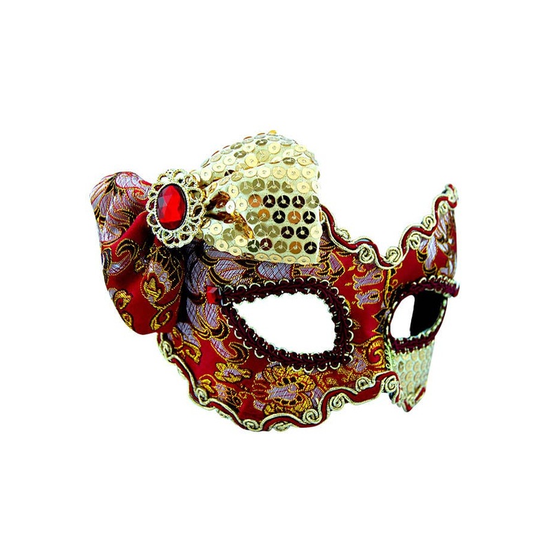 Brocade Red and Gold Sequined Bow Masquerade Mask on Glasses Arms
