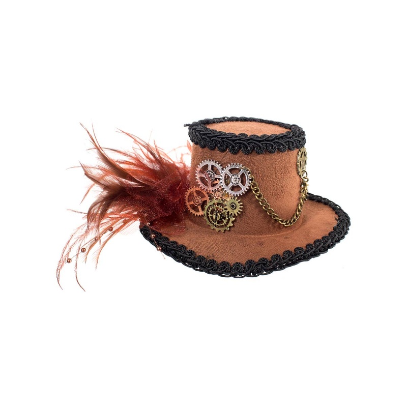 Mini Brown Steampunk Top Hat with Feathers