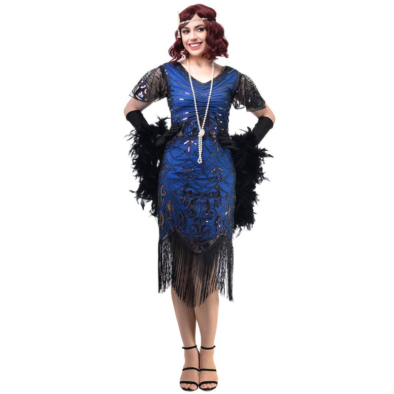 1920s Womens Blue and Black Gatsby Dress Costume with Flutter Sleeves Large