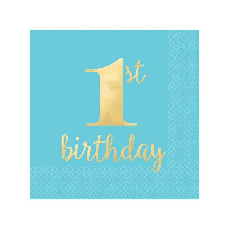 1st Birthday Boy Blue and Gold 16 Pack Lunch Napkins