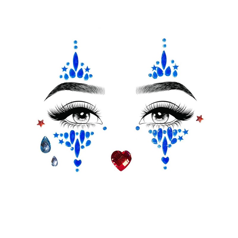 Harlequin Clown Blue and Red Stick On Face Jewels