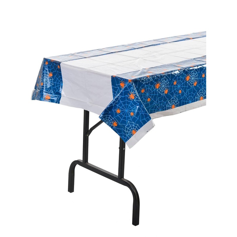 Plastic Blue and Orange Spiderweb Halloween Table Cover