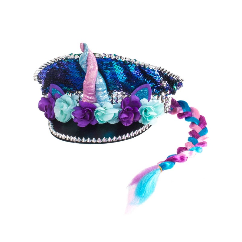 Sequinned Blue Festival Hat with Unicorn Horn and Braid