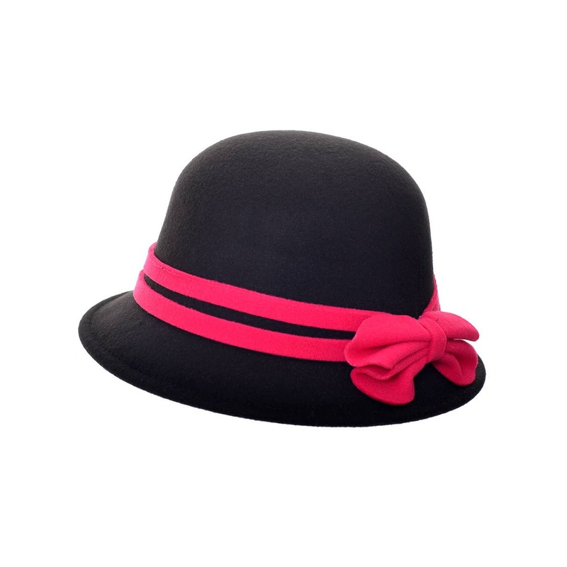 1920s Black Woollen Look Cloche Costume Hat with Pink Band