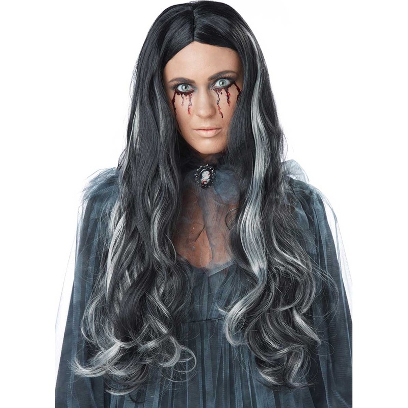 Bloody Mary Womens Long Black and White Halloween Wig