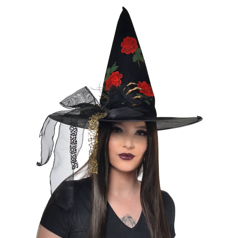 Fancy Black Witch Hat with Roses and Gold Skeleton Hand