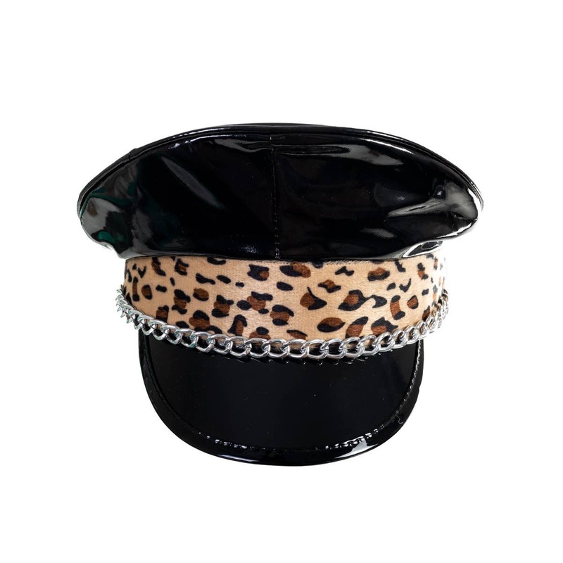 Leopard Print Black Vinyl Festival Hat with Chain