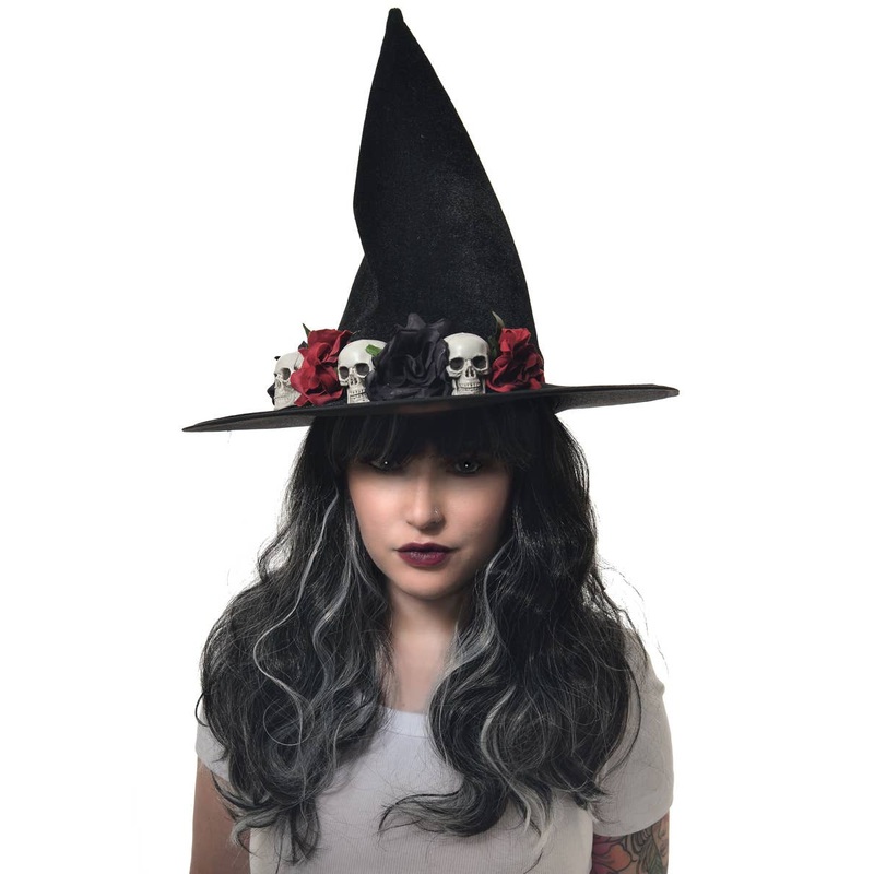 Rose Embellished Black Witch Hat with Skulls