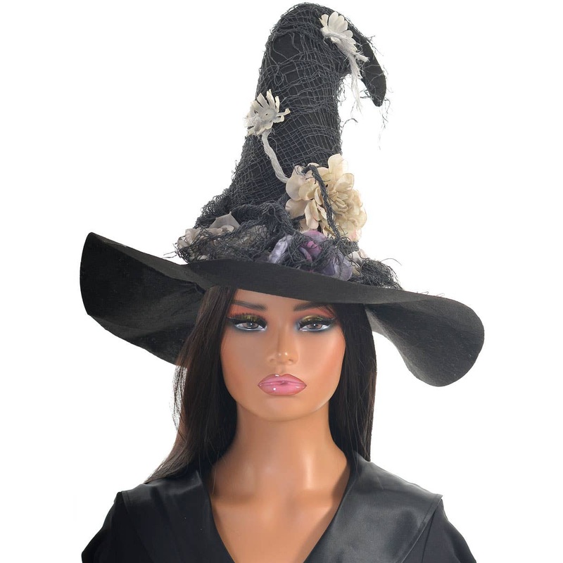 Tattered Black Felt Witch Hat with Purple Flower Embellishments