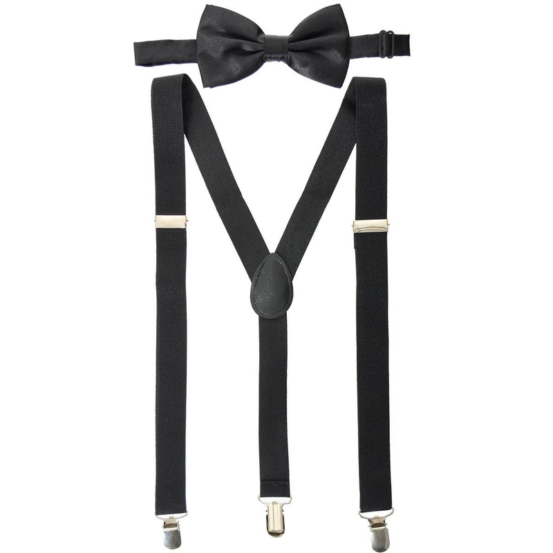 Adjustable Black Suspenders and Satin Bow Tie Set
