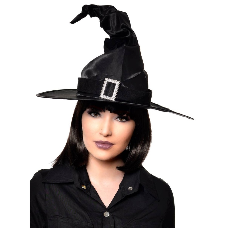 Crooked Black Satin Witch Hat with Buckle