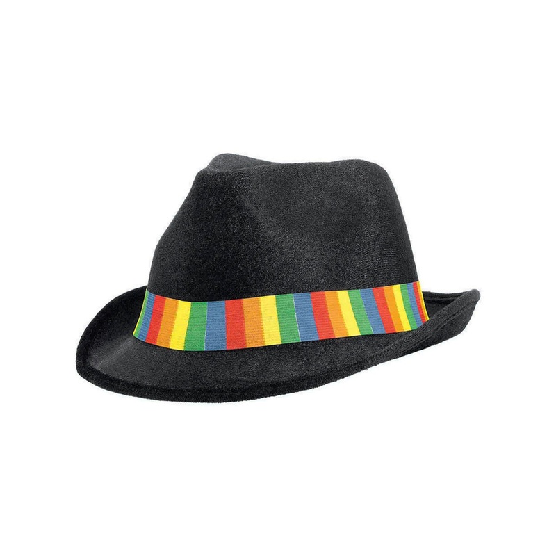 Funky Black Velour Fedora Hat with Rainbow Hat Band