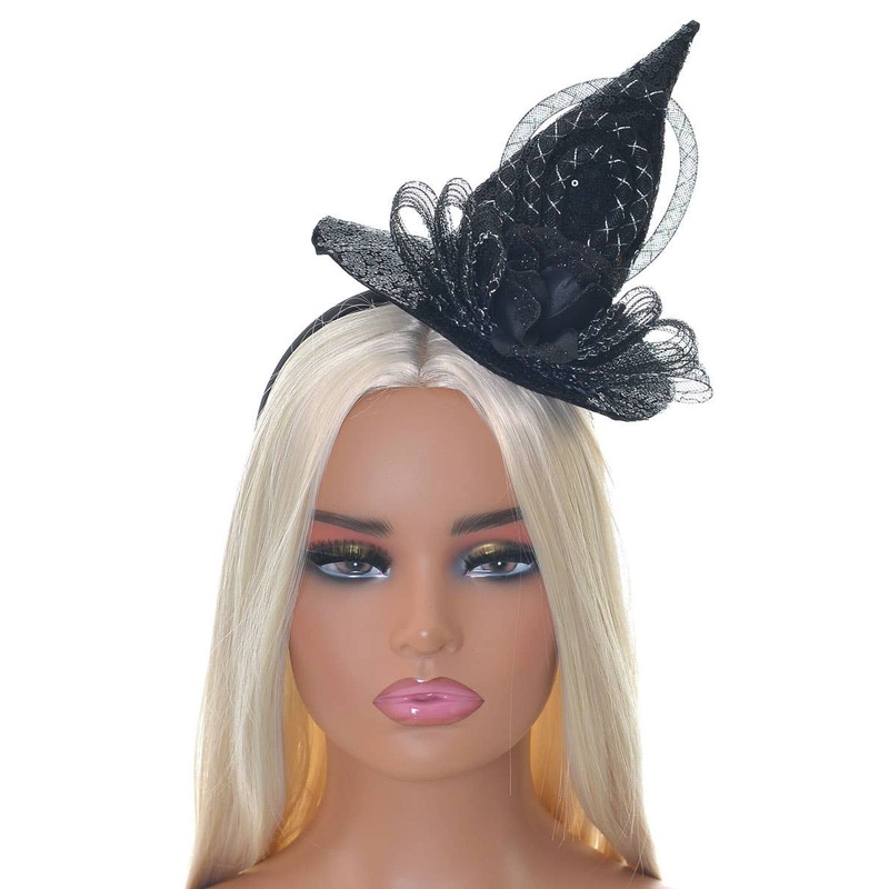 Sparkly Black Mini Witch Hat on Headband Halloween Accessory