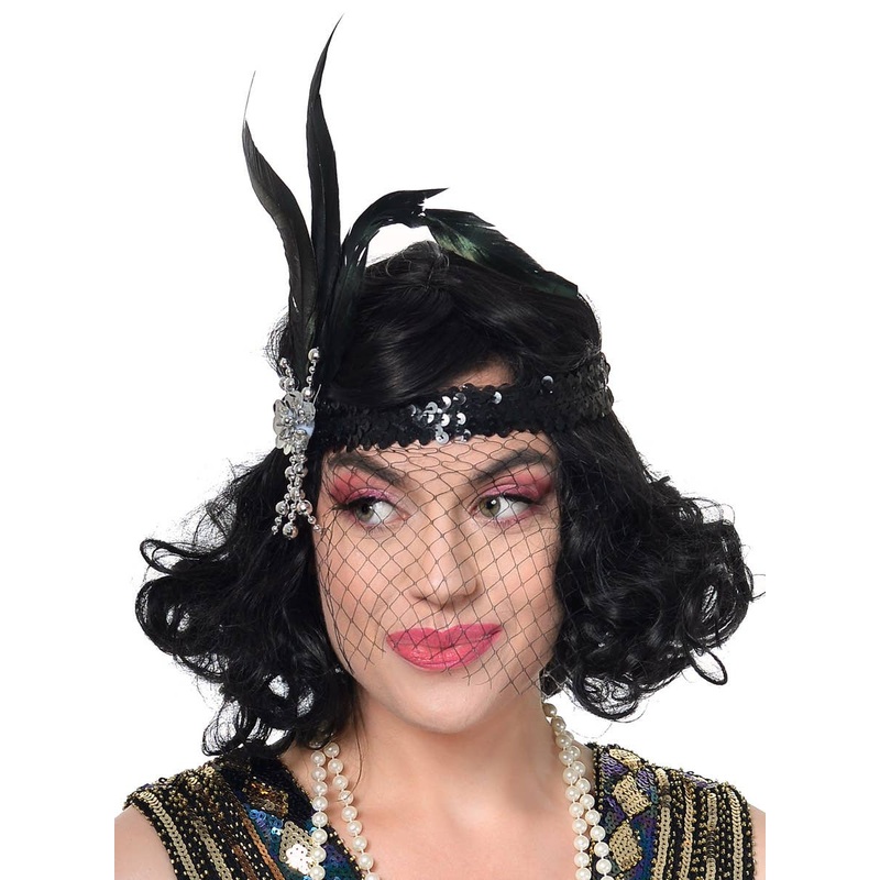 1920s Black Flapper Headband with Feather and Veil