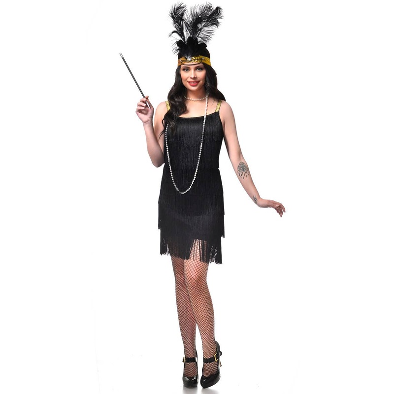 1920s Black Fringed Womens Flapper Dress Costume Large