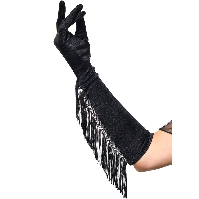1920s Long Black Costume Gloves with Tassels