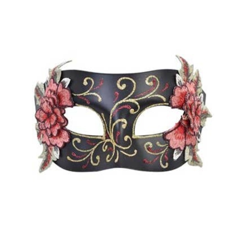 Decorative Floral Womens Black Masquerade Mask with Glitter