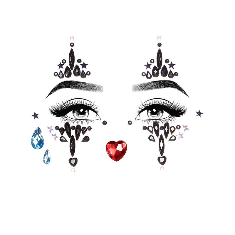 Harlequin Clown Black and Multicoloured Stick On Face Jewels