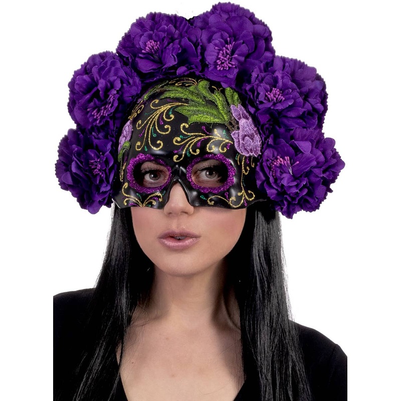 Julieta Black Half Skull Masquerade Mask with Purple Flowers