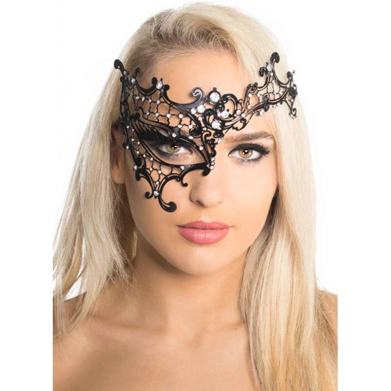 Over the Eye Black Filigree Metal Masquerade Mask with Rhinestones
