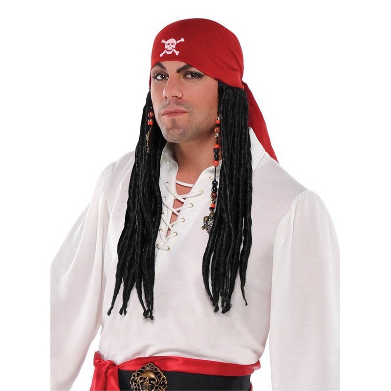 Skull Pirate Mens Black Wig and Bandanna Set