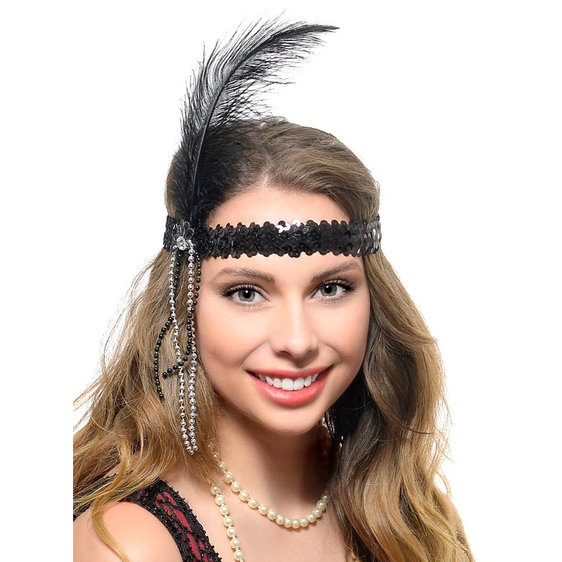 1920s Black Feather Flapper Headband with Beads
