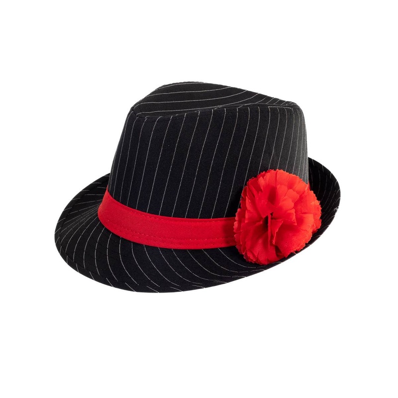 1920s Pinstripe Black Fedora Hat with Red Band